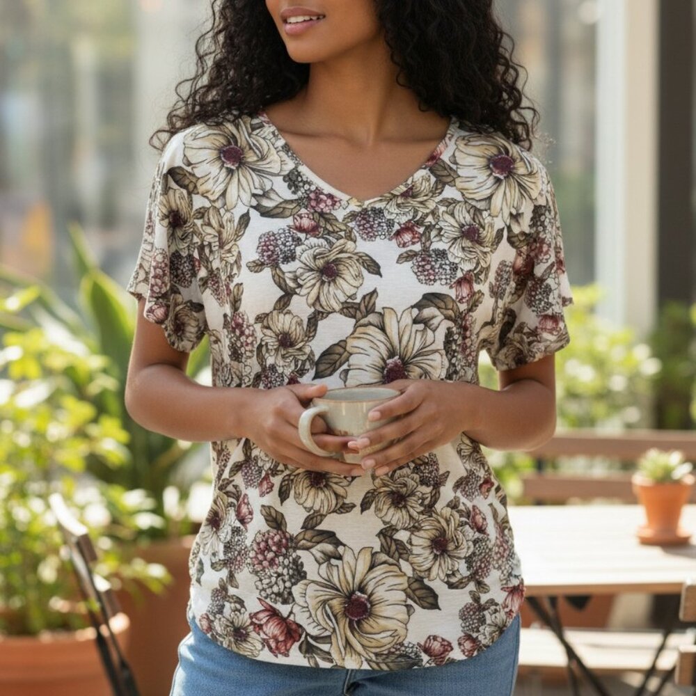 (F-152)Women’s Floral V-Neck Short Sleeve Top Beige Pink Green Polyester Spandex